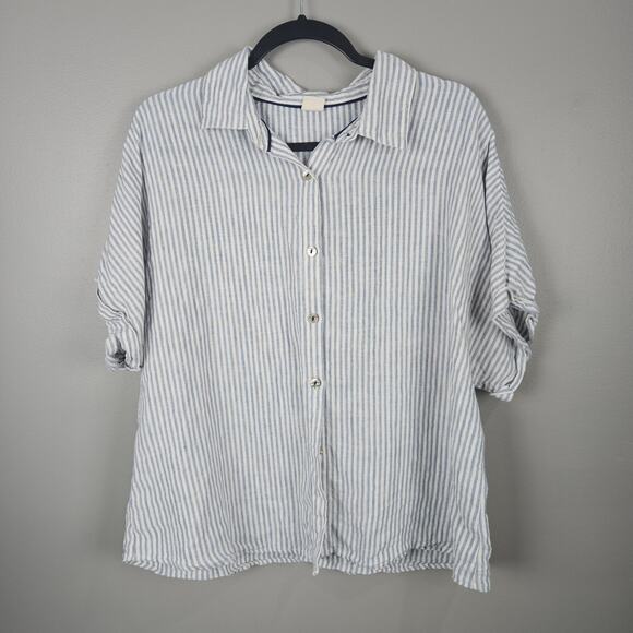 Linen Striped Classic  Euro Summer Coastal Button Front Shirt Hunter Womens 2x - Picture 1 of 5